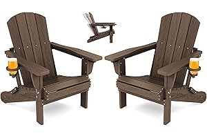 SERWALL Folding Adirondack Chair Set of 2, Adjustable Adirondack Chair with 3 Recline Positions, All Weather HDPE Outdoor Adirondack with Cup Holders, Coffee