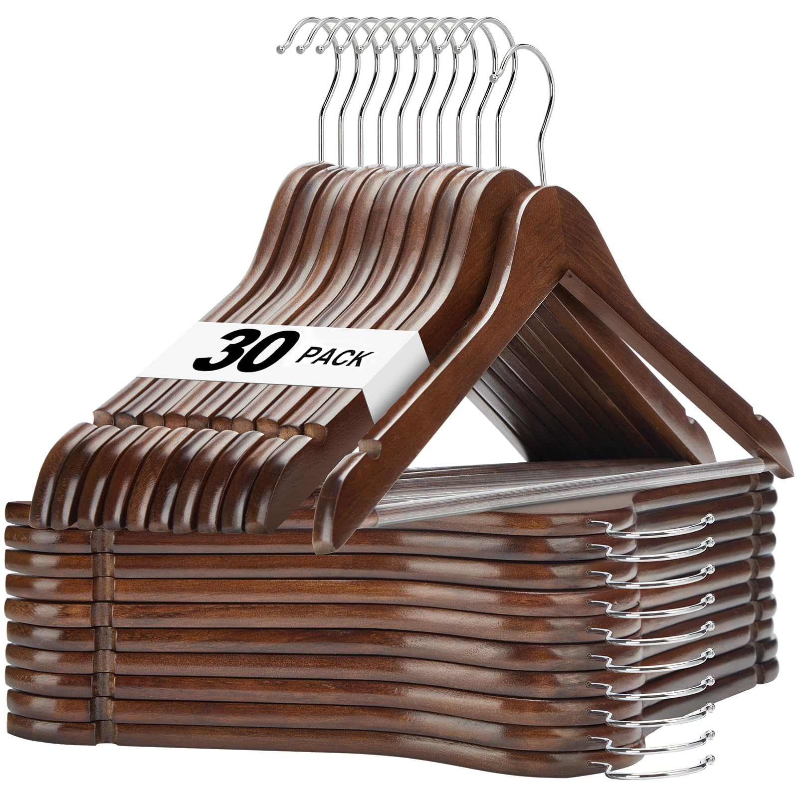 Photo 1 of HOUSE DAY Walnut Wooden Hangers 30 Pack, Heavy Duty Wooden Coat Hanger for Closet, Solid Wood Hanger with Non Slip Pant Bar, Smooth Finish Wood Clothes Hangers for Shirts, Suits Jackets, Dress