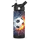 Boys Soccer Water Bottle for School,Kids 18 oz Insulated Stainless Steel Cup with Straw, Double-Wall Vacuum Leakproof