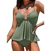 Aleumdr Women's Tankini Bathing Suits Bandeau 2 Piece Swimsuits Shell Swim Tank Top with High Waisted Bottom