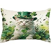 Cat Decorative Pillow Cover with Green Top Hat Lucky Irish Clover Farmhouse Decor Pillow Cases for Porch Patio Spring Holiday St. Patrick's Day Cat Lumbar Cushion Covers,12x 20 inches(White/Green)