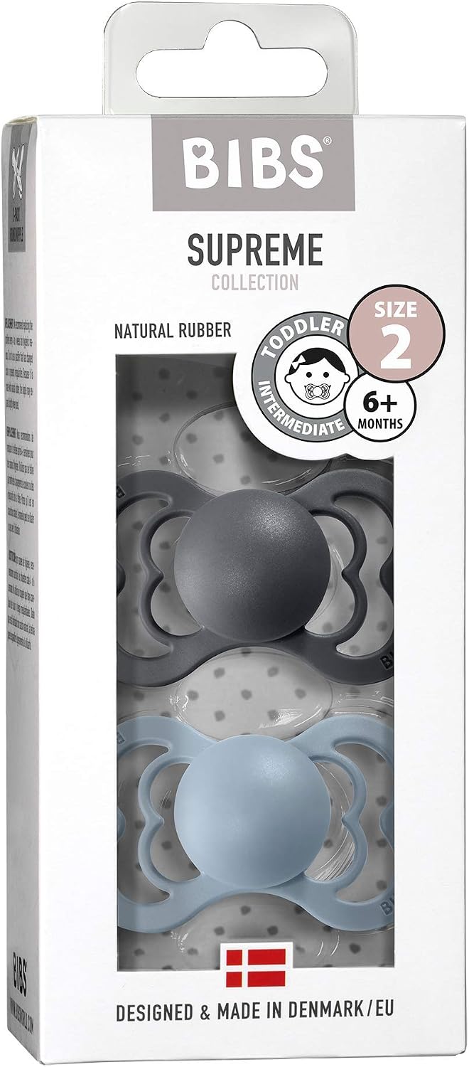 BIBS Supreme Soother 2-Pack, BPA Free Dummy Pacifier, Symmetrical Nipple. Natural Rubber Latex, Size 2 (6-18 Months), Iron/Baby Blue - Image 4