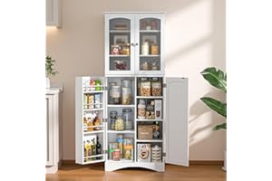 Gizoon 64" Kitchen Pantry Cabinet, Tall Storage Cabinet with Glass Doors and Adjustable Shelves, Freestanding Floor Cabinet Cupboard for Kitchen, Living Room, Dining Room (White)