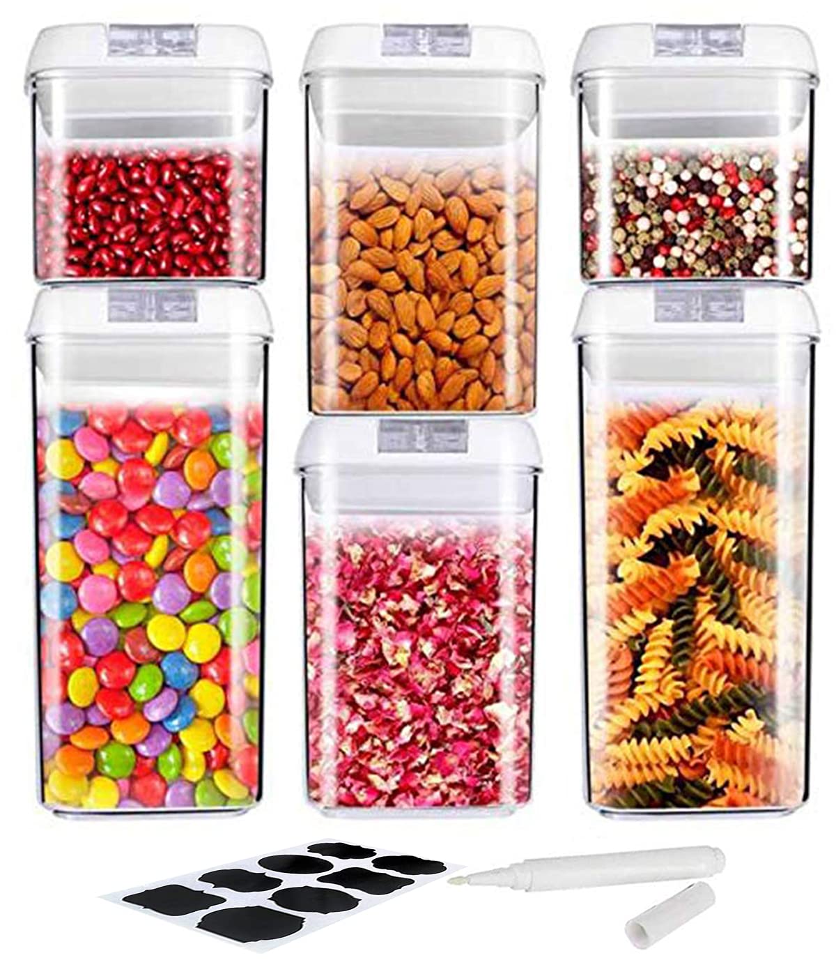 Air-Tight Food Storage Container Set [6-Piece Set] - Pantry Durable Seal Pot - Cereal Storage Containers - for Dry Foods & Liquids - BPA Free - Clear Containers with White Lids (Container-6)