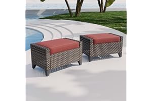 COOS BAY Modern 2 Piece Wicker Outdoor Ottomans, 2pc Patio Ottoman Foot Rest for Couch with Removable Cushions for Patio, Deck, Backyard, Porch and Poolside, Brown/Red