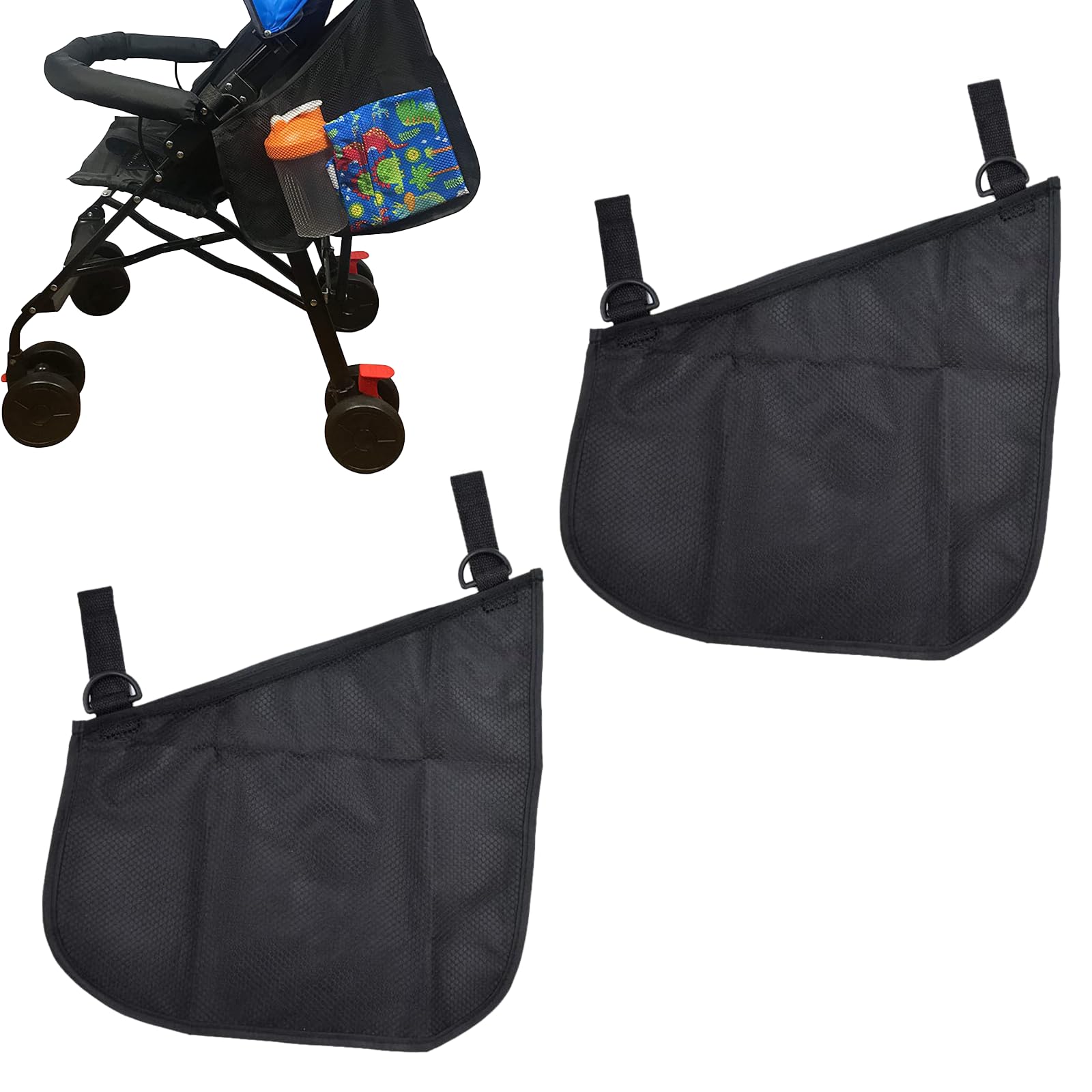 2 Pack Universal Baby Stroller Side Sling Mesh Cargo Net and Organizer, with Non-Slip and Adjustable Straps,Stroller Side Pocket Mesh Net Bag (Black)
