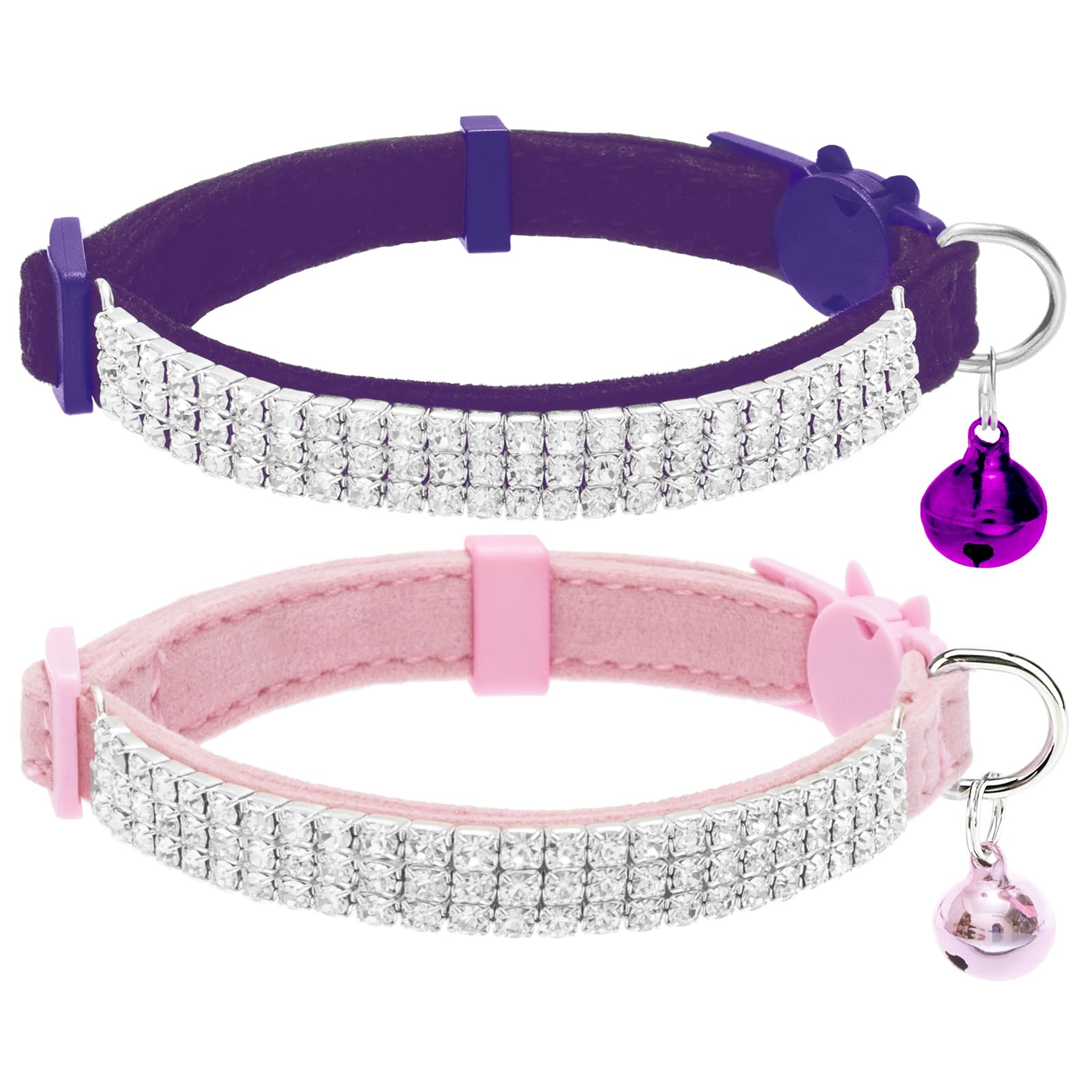 EXPAWLORER Cat Collar with Bells - 2 Pack Shiny Shiny Collars - Adjustable Safe Soft Velvet Collar for Cats and Small Dogs