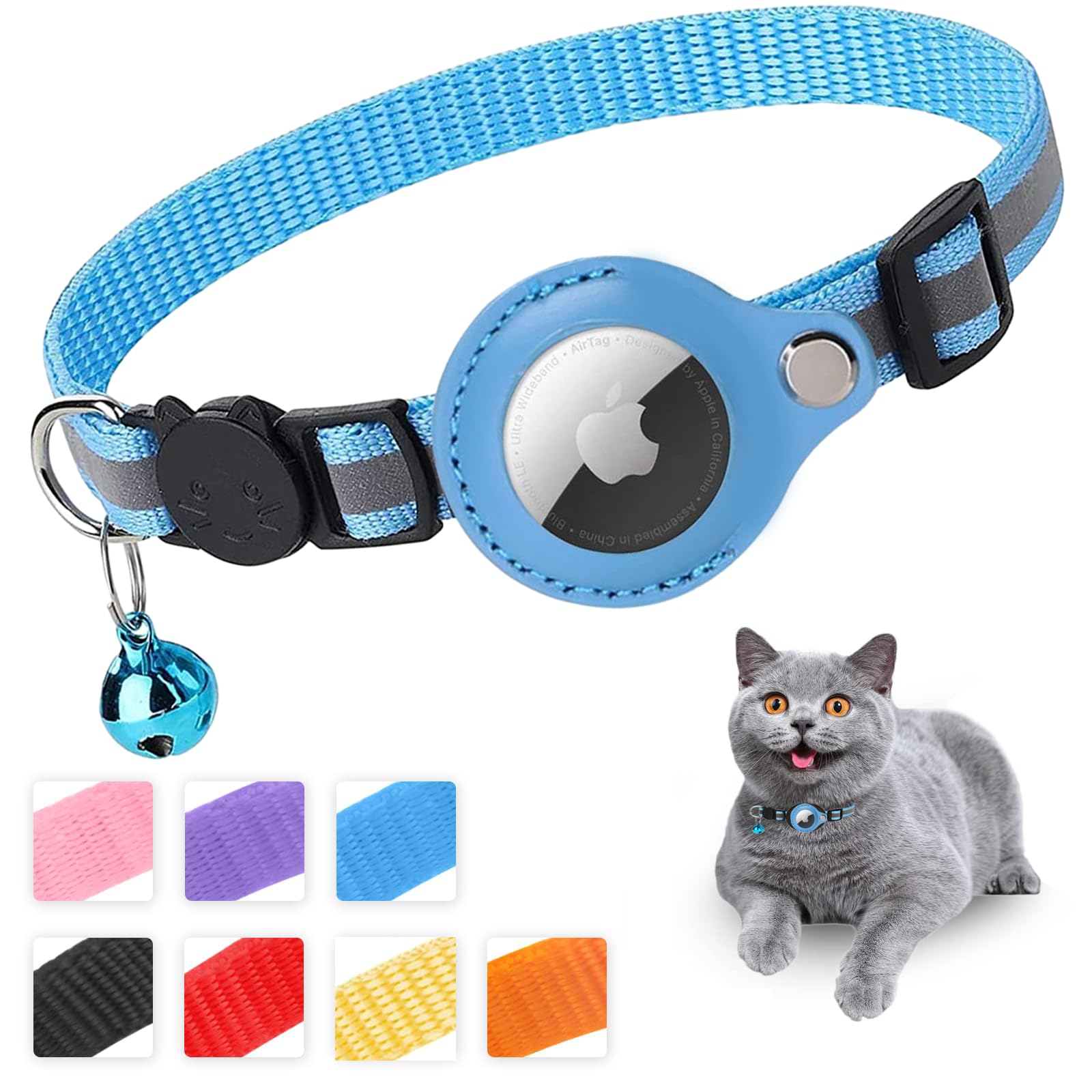 Mouyou Airtag Cat Collar, Airtag Collar Cat Soft Nylon Reflective with Bell and Safety Clasp, Tracking Cat Collar with Holder, Airtag Case, Adjustable from 22-34 cm, Blue