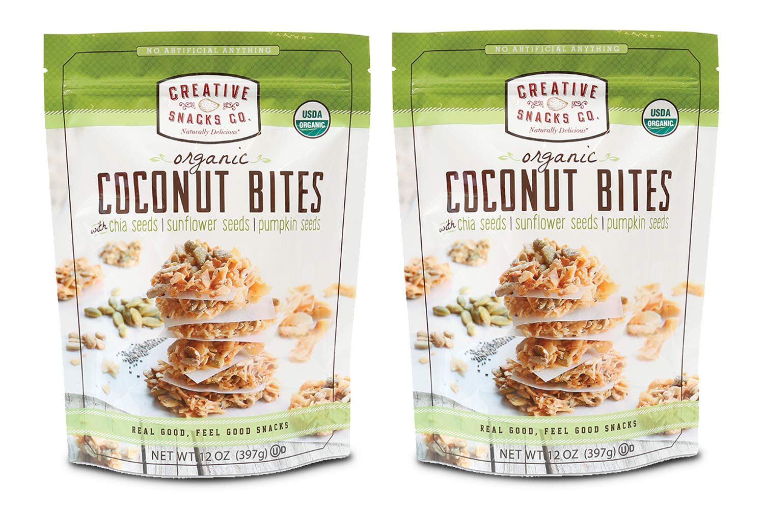 Creative Snacks Naturally Delicious Organic Coconut Bites with Chia, Sunflower and Pumpkin Seeds, 2 Pack, 12 Ounce Resealable Bags