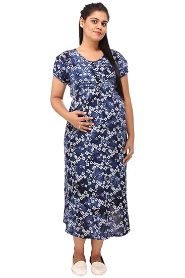 Women's Rayon Blue Printed Maternity Dress