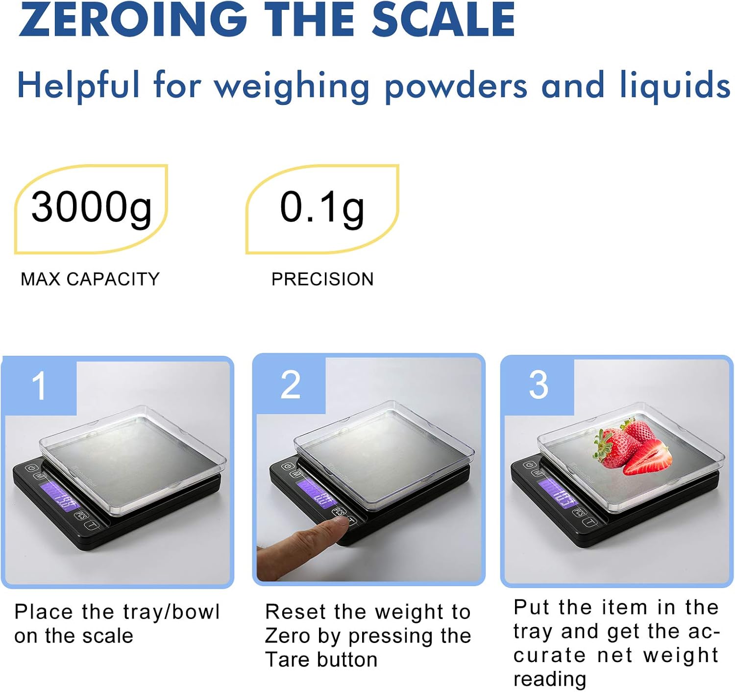 KitchenTour Digital Kitchen Scale - 3000g/0.1g High Accuracy Precision Multifunction Food Meat Scale with Back-Lit LCD Display(Batteries Included): Industrial & Scientific
