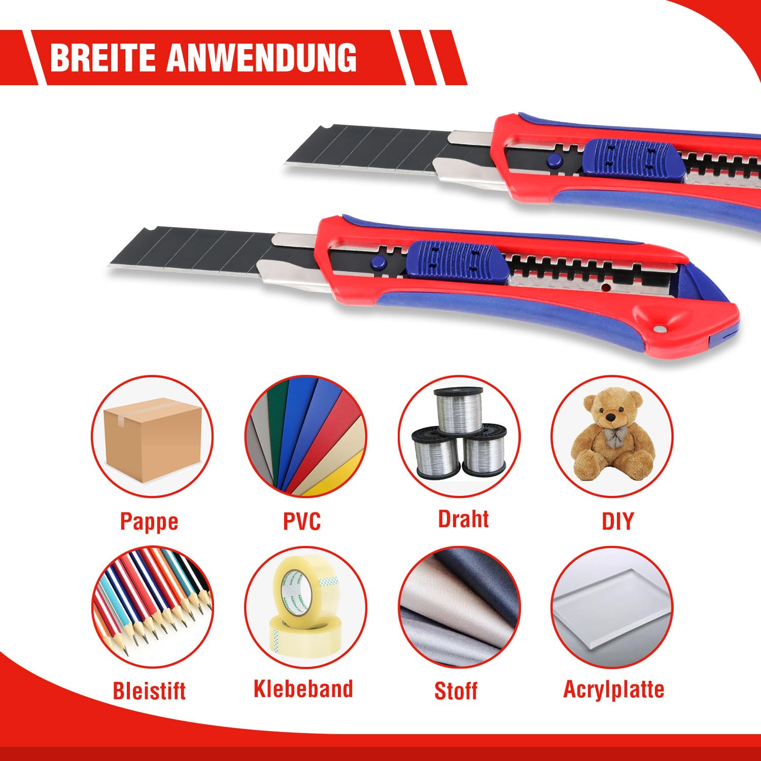 WORKPRO 5 Stück Cuttermesser Set 18mm mit 20 Ersatzklingen aus SK5, Profi Cuttermesser Abbrechklinge Kartonmesser, Mehrzweck Messer Allzweckmesser mit Gummigriff, Schneiden zum Papier, Karton 4