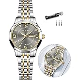 Taxau Womens Watches Dress Waterproof Luxury Stainless Steel Analog Quartz Watches Small Wrist Watch Two Tone Fashion Elegant Lady Watch with Day Date