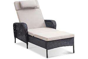 Belord Outdoor Chaise Lounge Patio Recliner - 75 Inch Adjustable Wicker Chaise Lounge with Soft Pillow Removable Cushions, All Weather Rattan Pool Lounge Chair for Poolside Deck Brown/Beige