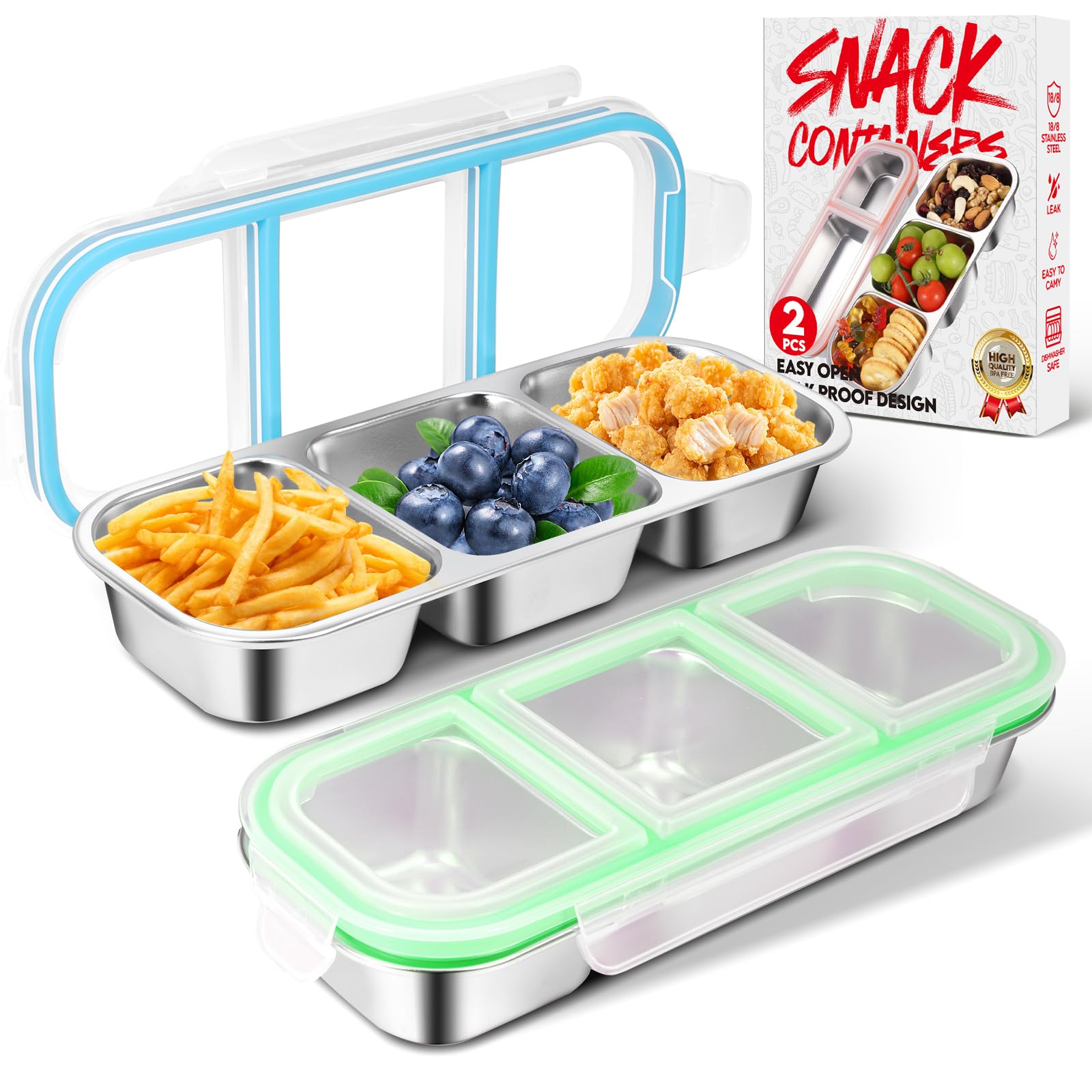 Photo 1 of 2 Pack Stainless Steel Snack Containers with Lids - Reusable 3 Compartment Snackle Box Container Divide Wet Dry Leakproof Metal Food Storage Containers for School, Home, Travel (Blue + Green)