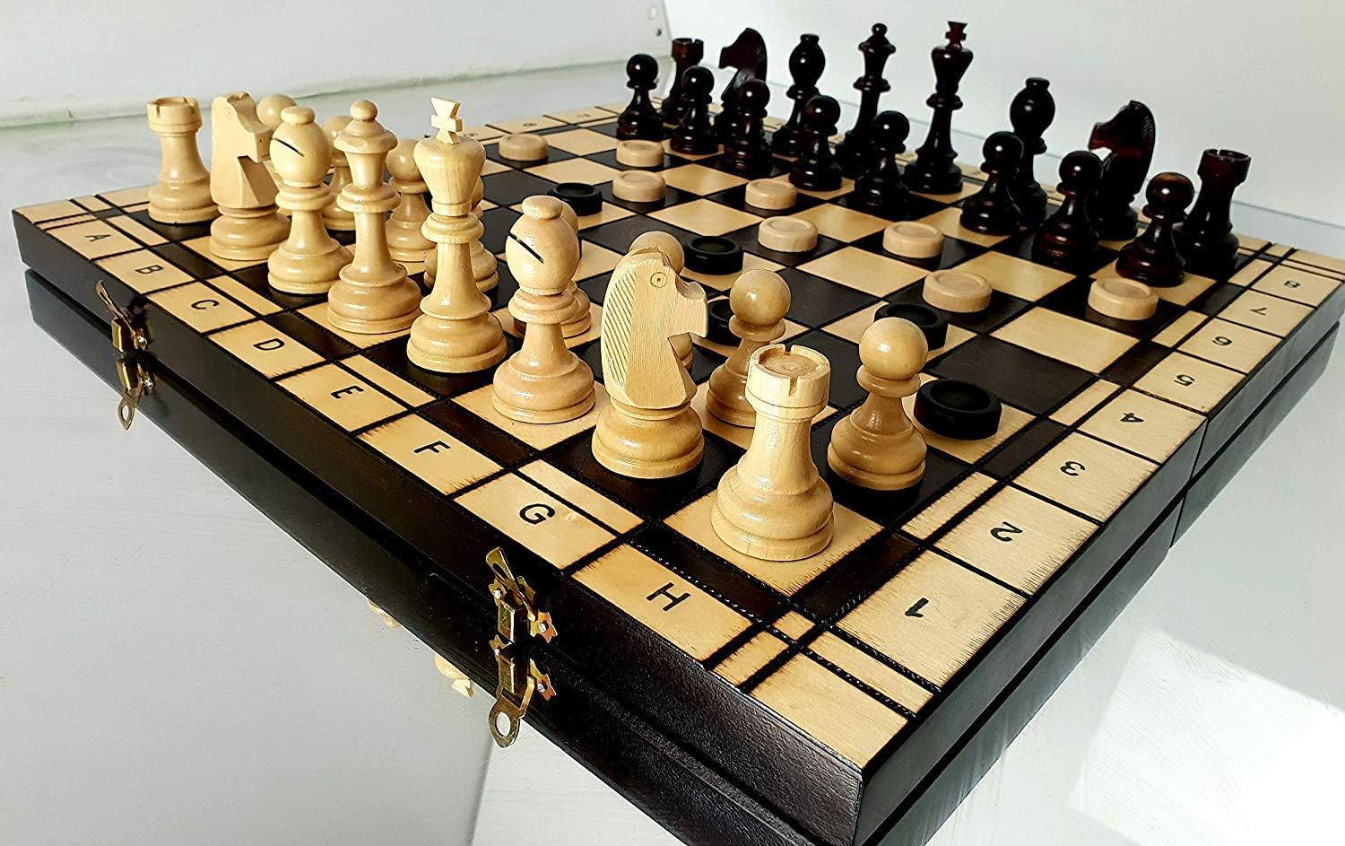 Amazing CHESS & DRAUGHTS TOURNAMENT No.7 - 48cm / 19in Wooden Chess Set and Checkers / Draughts Game, Handcrafted Classic Chess Game