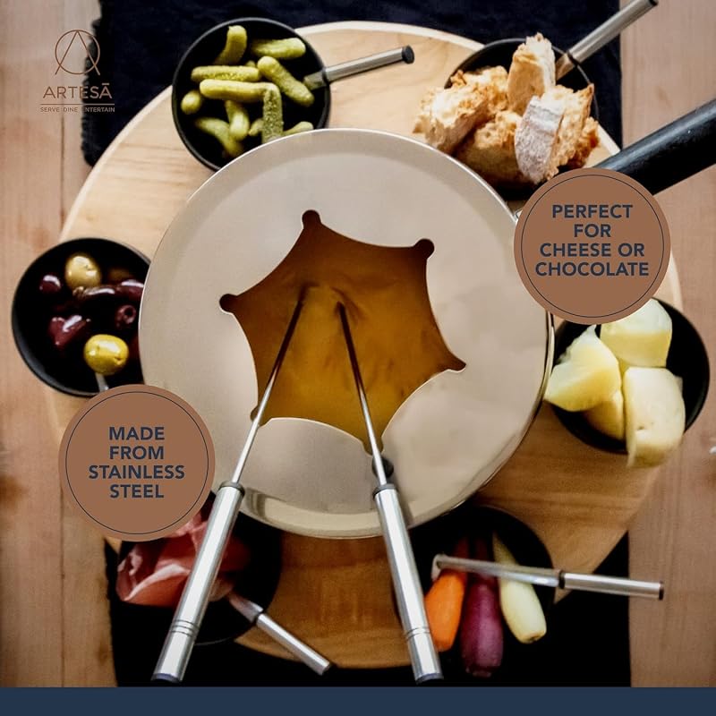 Artesà Set per Fonduta con Piatto Girevole Lazy Susan, Pentola per Fonduta in Acciaio Inossidabile con Bruciatore, Pentole per Tuffi e Utensili, Set di 22 Pezzi, Nero