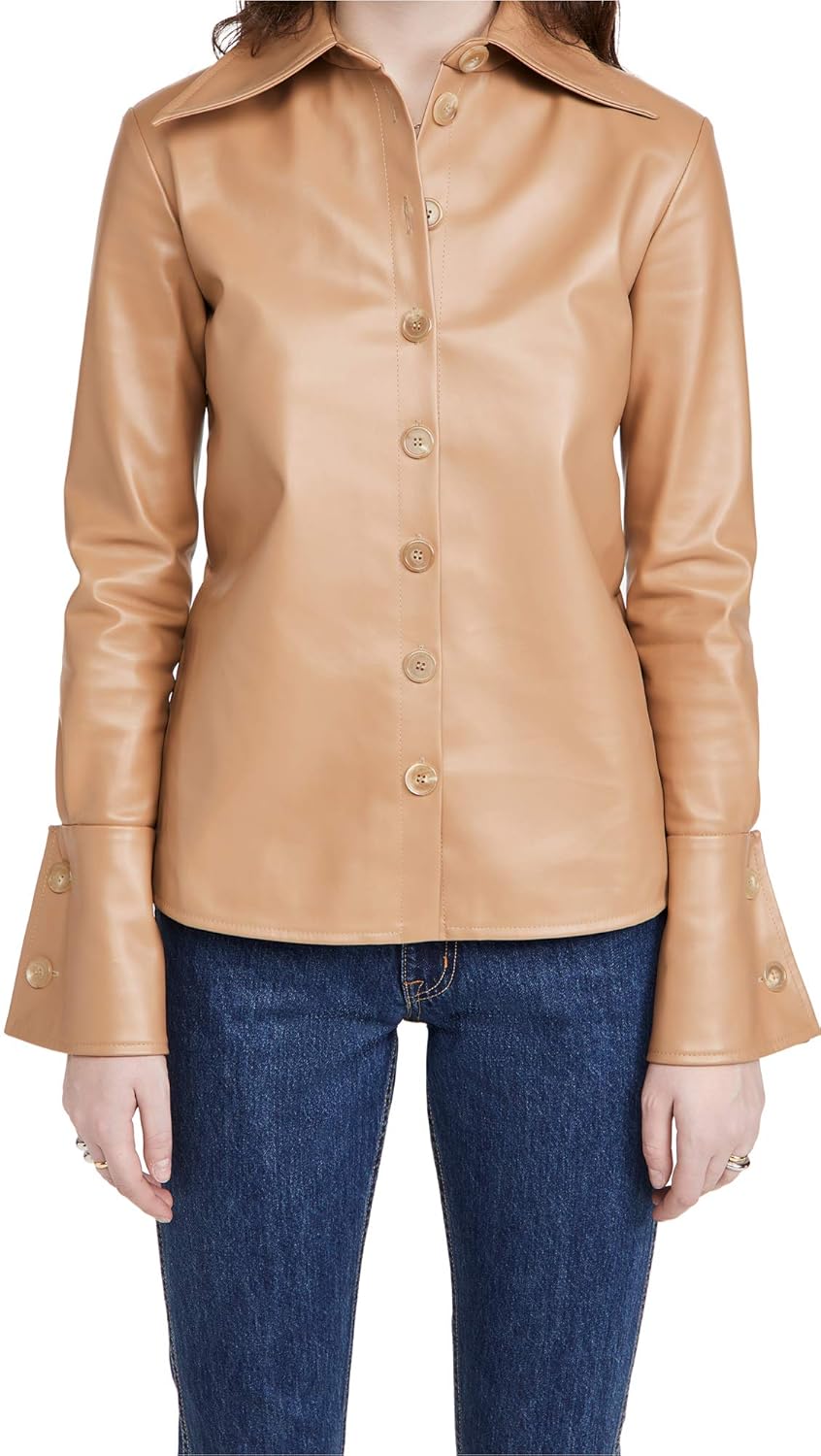 Buy A.W.A.K.E MODE Women's Faux Leather Shirt with Cuff Detail, Brandy