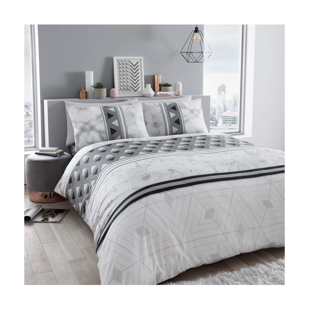 Luxurious Marble Stripes Bed Set with Duvet Cover and Pillow Cases, Polyester-Cotton, [ King - Grey ]
