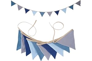 JIALITFUN Fabric Bunting Banner, 2 Pack Handmade Neutral String Banner Each 8.5 ft 10 Flags Nursery Wall Hanging Wedding Birthday Home Baby Shower Party Decoration Bunting (Blue)
