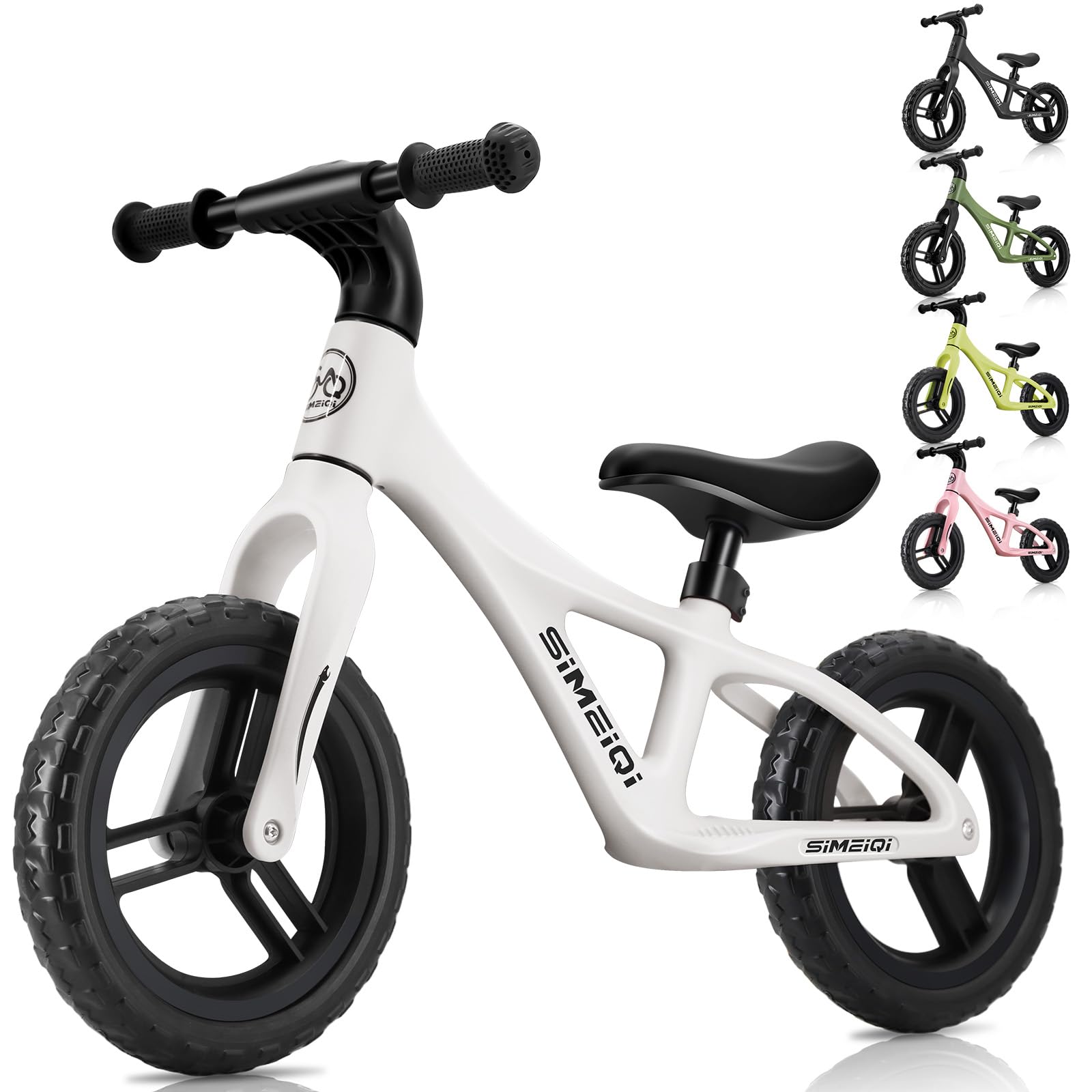 SIMEIQI 12 Inch Kids Balance Bike for Boys Girls Ages 2-5 Years Old Sports Training Lightweight Fibreglass Nylon Frame Balance Bike Adjustable Seat (White)