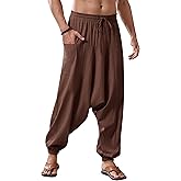 Runcati Mens Harem Pants Baggy Hippie Casual Cotton Linen Loose Boho Yoga Beach Drop Crotch Trouser