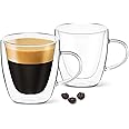 DLux Espresso Coffee Cups 3oz, Double Wall, Clear Glass Set of 2 Glasses with Handles, Insulated Borosilicate Glassware Tea Cup