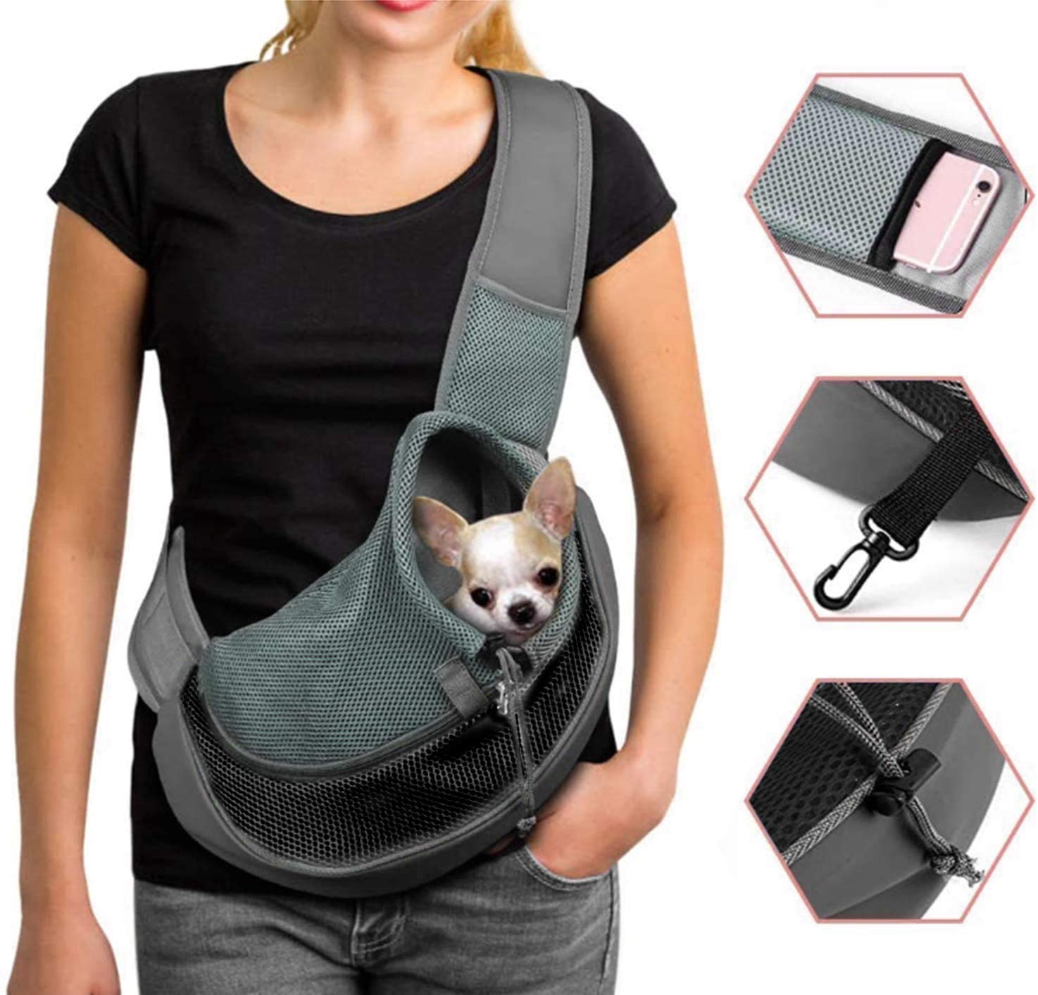 XGOPTS Pet Carrier Bag, Shoulder Hand Free Sling Bag, Breathable Mesh Cloth Front Pocket Tote Bag Pouch Bag, for Outdoor Travel Walking Subway Small Dogs Cats Puppy, Pets up to 5.5 kg/12 lbs
