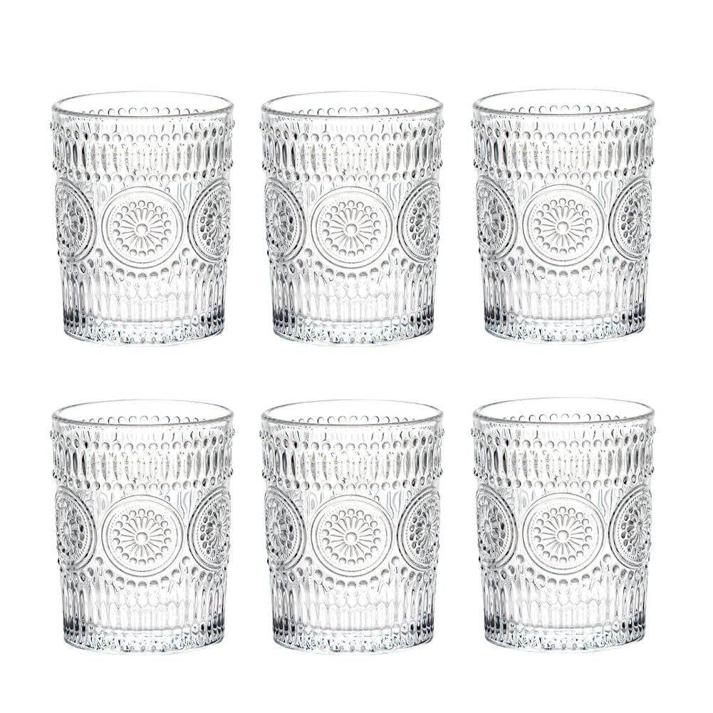LOYUYU Set of 6, Romantic Water Glasses, 250ml Premium Drinking Glasses Tumblers, Vintage Glassware Set for Juice, Beverages, Beer, Cocktail