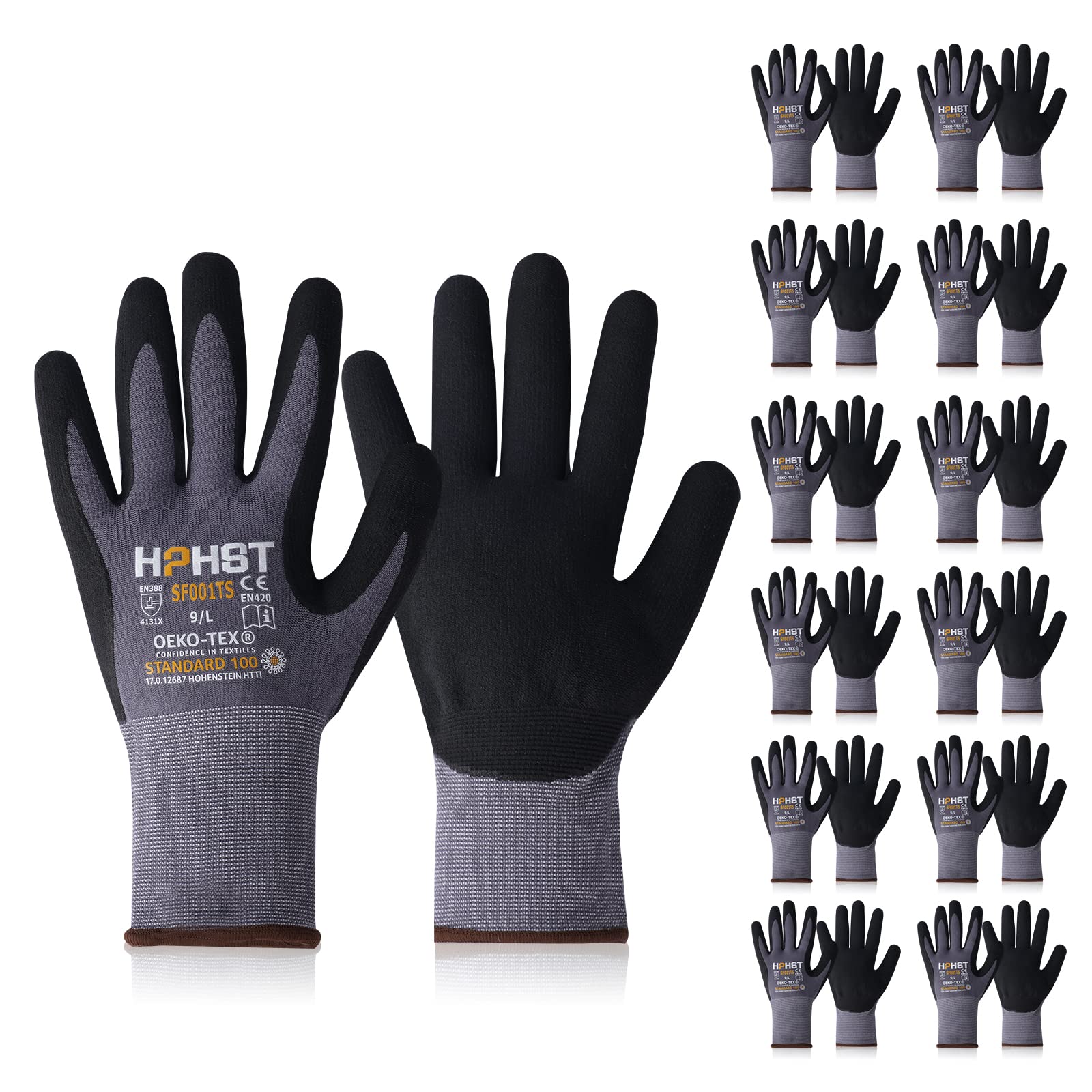 HPHST Nitrile Work Gloves SF001TS,Micro Foam Technology & Spandex Liner Nitrile Coated,CE Approved 15 Gauge Ergonomic Design,Smart Touch,Thin Machine Washable,Grey Medium 12 Pairs Pack — image 1