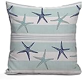 Nphuriy Coastal Navy Blue Pillow Cover, Coastal Starfish Repeat Pattern Navy Turquoise Square 16 x 16 Inches Decorative Throw Pillow Cover Cotton Linen Cushion for Sofa Bedroom Car, Blue