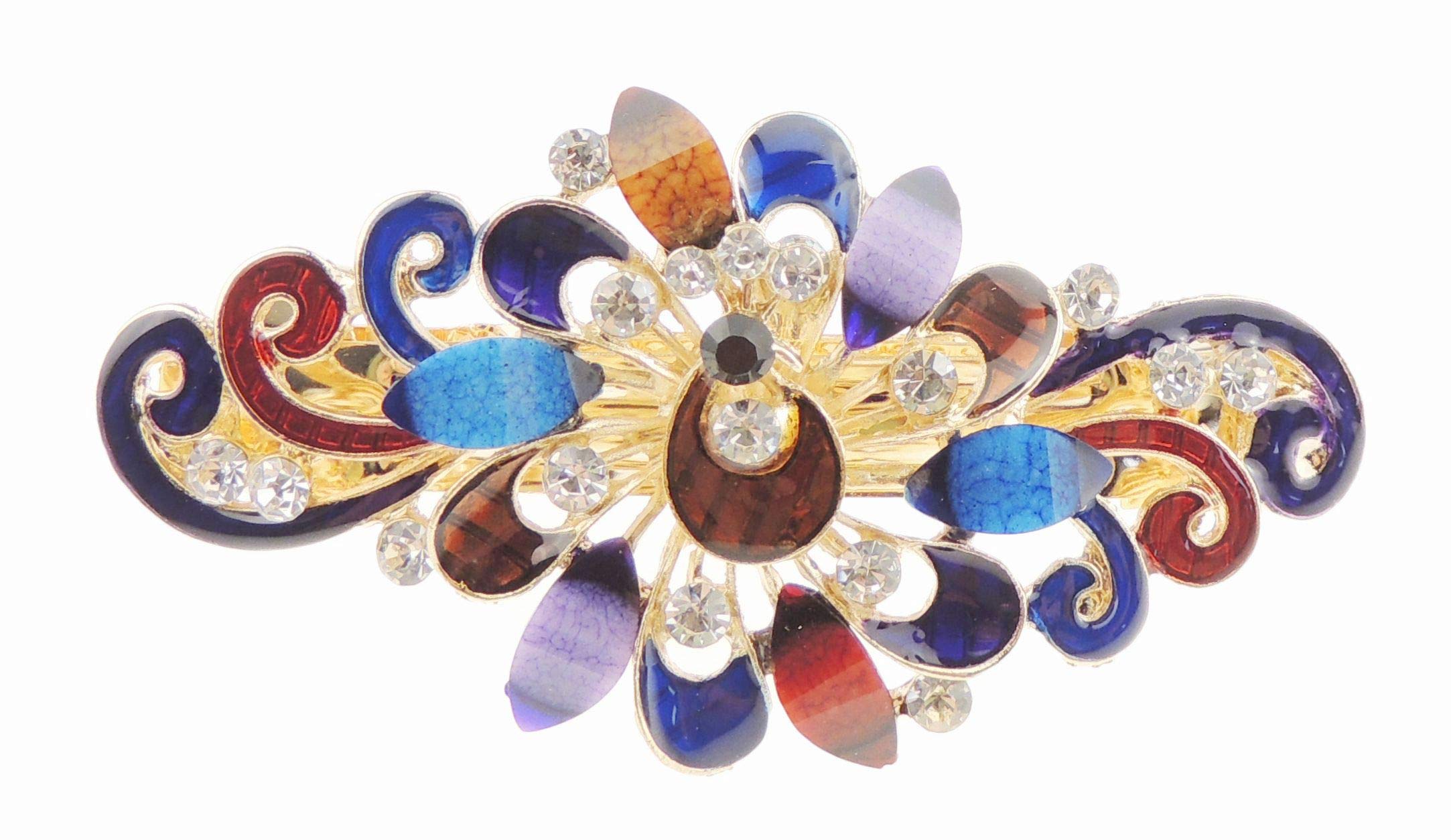 Womens Girls Crystal Rhinestone Diamante Wedding Birthday Party Evening Ponytail Fine Medium Hair Accessories Occasion Barrette Hairpin Grip French Spring Clip Enamel Peacock Flower (Multi)
