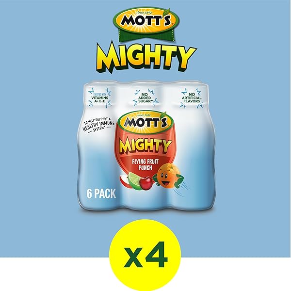 MOTT’S MIGHTY FLYING FRUIT PUNCH JUICE DRINK, 8 FL OZ BOTTLES, 24 COUNT (4 PACKS OF 6), 100% FRUIT JUICE WITH PURIFIED WATER, VITAMINS A, C AND E, NO ARTIFICIAL FLAVORS, COLORS OR SWEETENERS