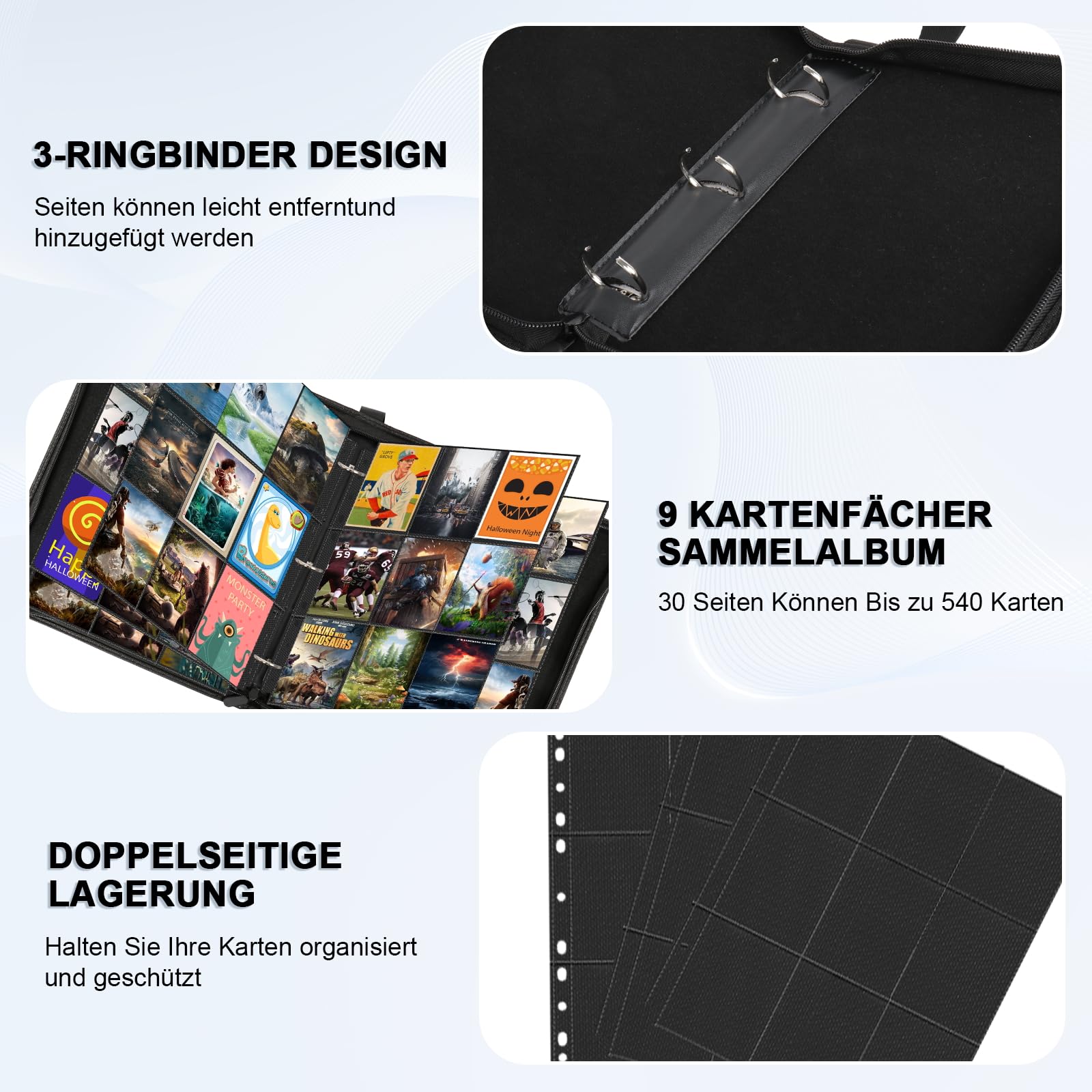 Sammelkarten Album,9 Fächer 30 Seiten bis zu 540 Karten Sammelalbum Binder,Karten Heft für Spielkarten, Sportkarten, Yu-Gi-Oh, MTG Cards- Schwarz 4