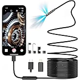 Pemamnov Dual-Lens Endoscope Camera with Light,Borescope with 8 Adjustable LED Lights 1920P HD,16.5ft Semi-Rigid,IP67Waterproof USB Inspection Camera for iPhone,Gadgets for Men…