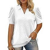 VISLILY Womens-Plus-Size-Summer-Tops Polo V Neck T Shirts Puff Short Sleeve Lapel Collared Work Blouses Eyelet Tunics XL-5XL