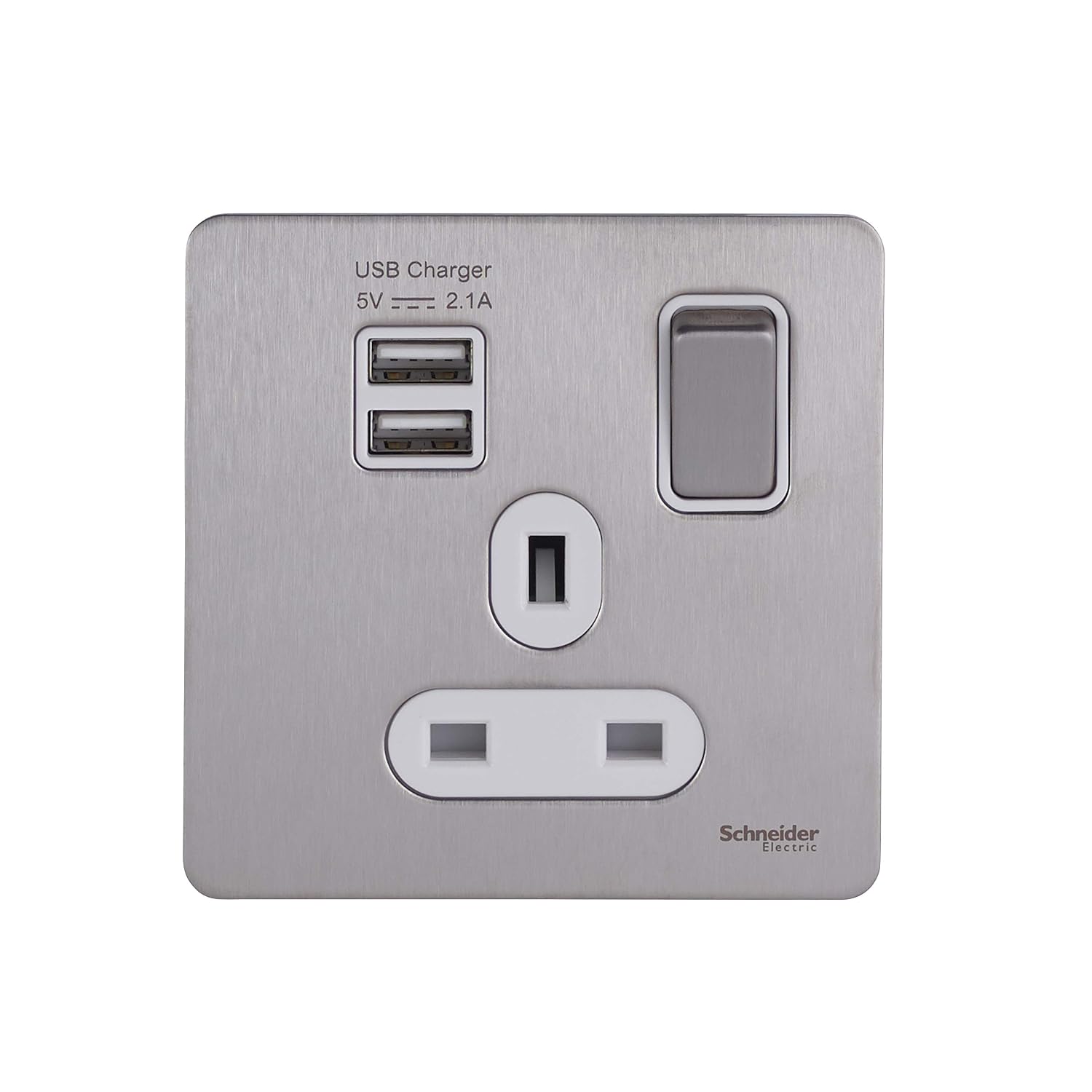 Schneider Electric Ultimate Screwless Flat Plate, Switched Single Power Socket with USB Charging Ports, Double Pole, 13A