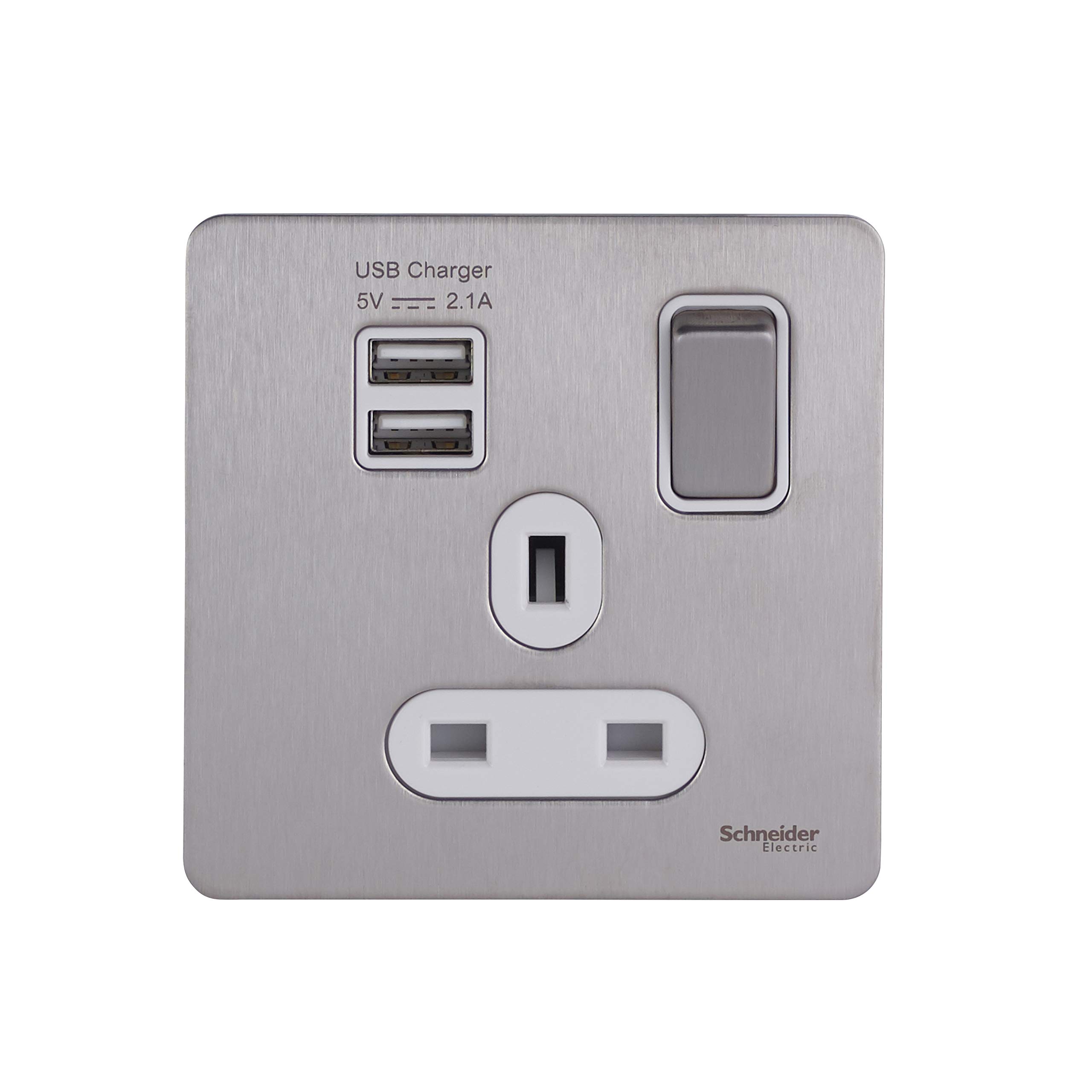 Schneider Electric Ultimate Screwless Flat Plate - Switched Single Power Socket with USB Charging Ports, Double Pole, 13A, GGBGU34102USBAWSS, Stainless Steel with White Insert