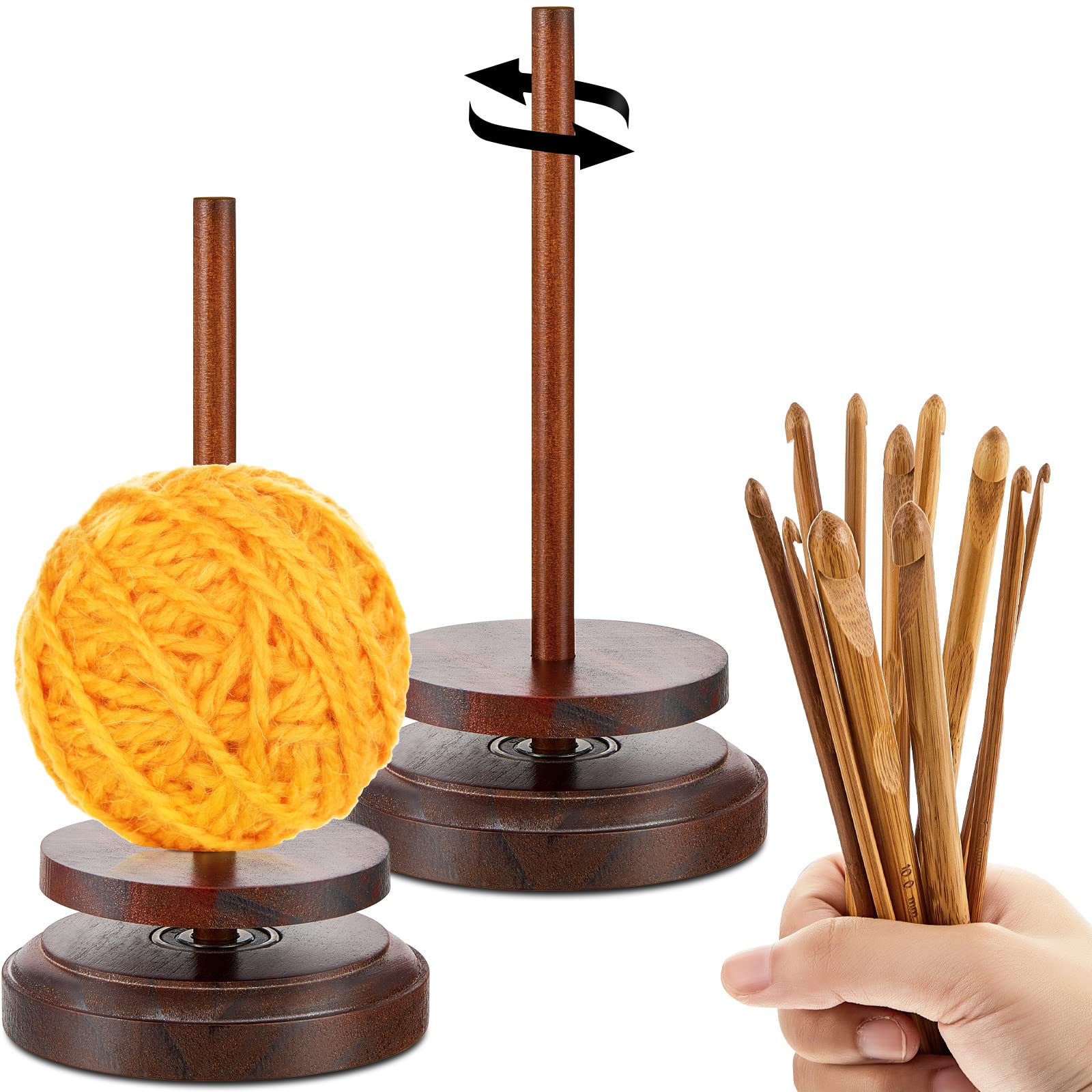 Photo 1 of Juexica 2 Pcs Wood Yarn Holder with 12 Bamboo Crochet Hooks Wooden Yarn Holder with Twirling Mechanism Wooden Spinning Yarn Crochet Needles for Knitting Crocheting DIY Crafts Gifts(Red Brown)
