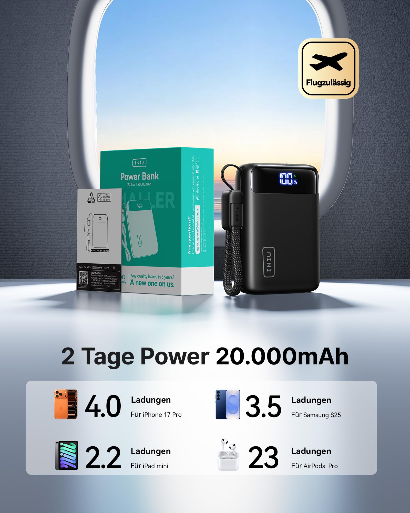 INIU Ultra Klein 20000mAh Power Bank, 22.5W Schnellladung PowerBank mit Abnehmbar USB C Kabel, Flugtauglich & Reise-Essential, Externe Handyakkus für iPhone 17 16 15 Pro, Samsung S25, Xiaomi, iPad etc 4