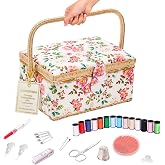 Large Sewing Basket with Accessories, Vintage Floral Print Design | Wooden Sewing Kit Storage Organizer Box with Removable Tray for Sewing Supplies, Perfect Gift for Crafters, Beginners &amp; Pros