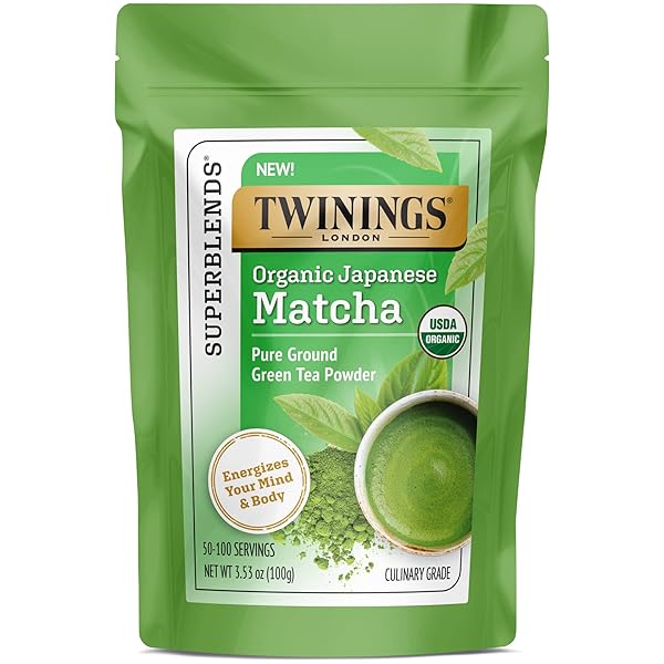 TWININGS ORGANIC JAPANESE MATCHA, PURE GROUND GREEN TEA POWDER CULINARY GRADE, 3.53 OUNCE/100G BAG, ENJOY HOT OR ICED