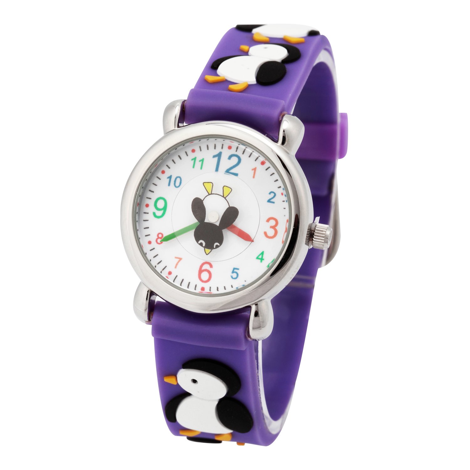 ele ELEOPTION Girl's Digital Quartz Waterproof 3D Cute Cartoon Round Dial Wrist Watch with Silicone Strap,Penguin, Purple