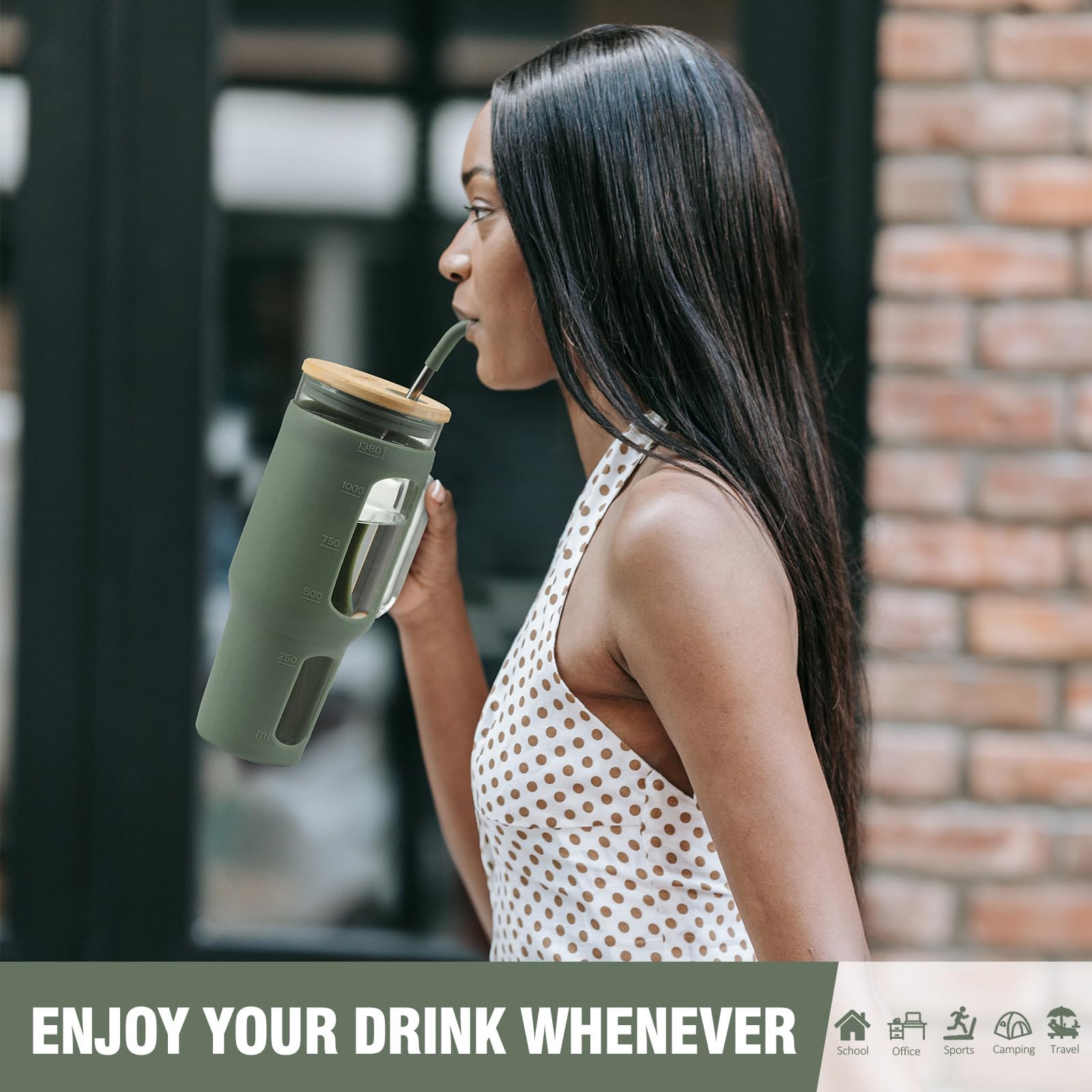 BLUEGO Tumbler becher mit Deckel und Strohhalmen, 1400ml Kaffeebecher To Go mit Henkel, Trinkbecher mit Silikonhülle, 1,4 L Tumbler becher mit 2 Strohhalmen, BPA-frei, Olive 6