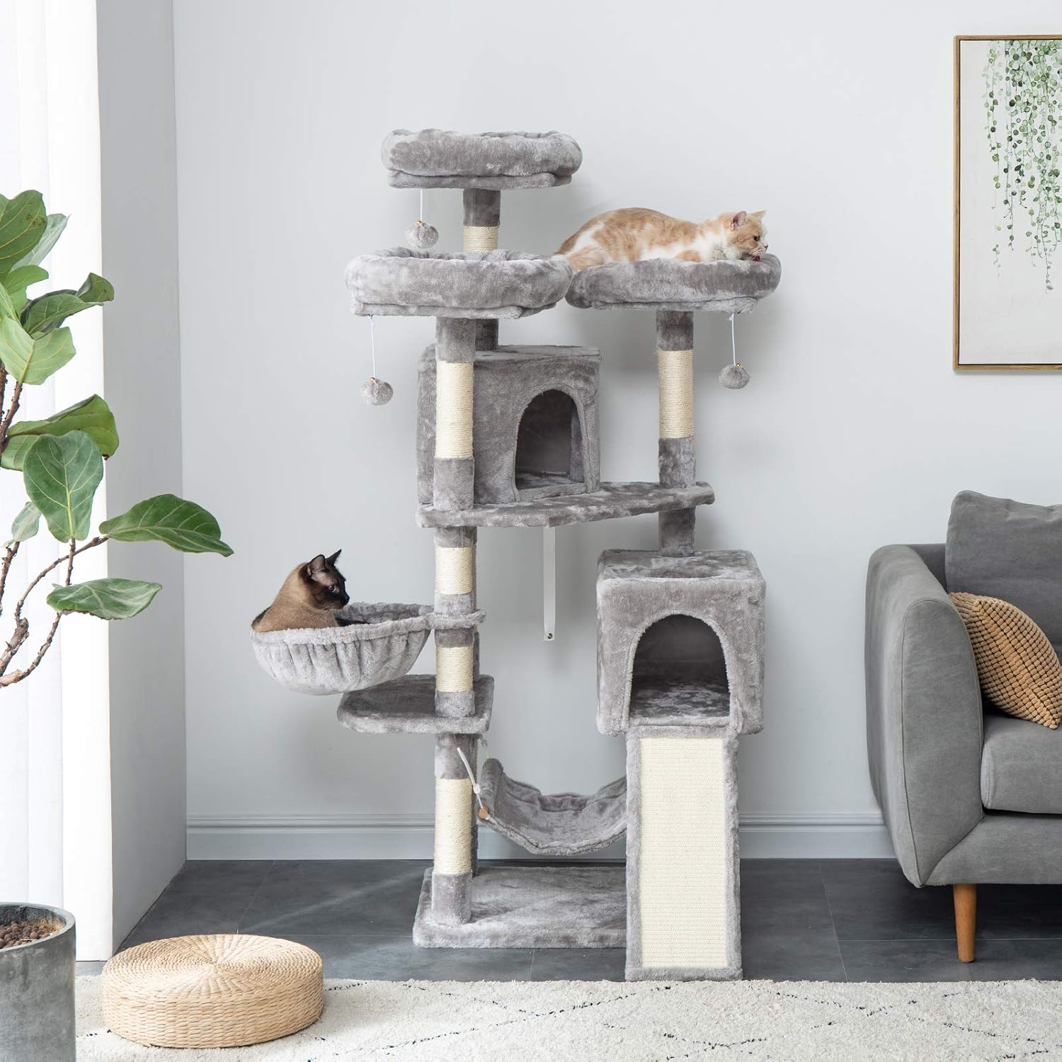 IBUYKE 63inches Multi-Level Cat Tree Tower for Large Cats Play Furniture Cat Condo with Sisal Scratching Posts&Board, Platforms, Hammock Basket, Dangling Balls, Light Gray UCT021W : Pet Supplies