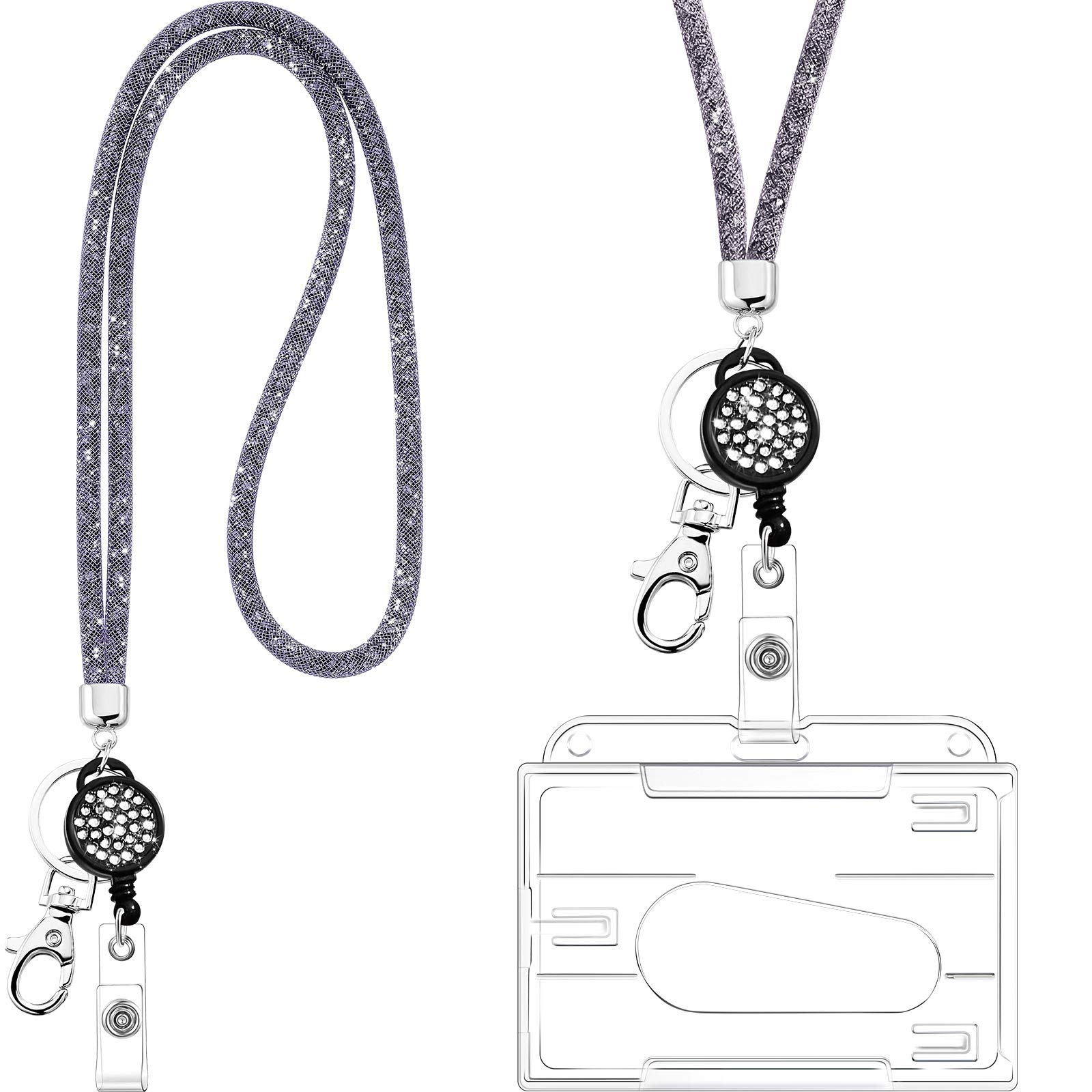 Frienda Badge Holder with Lanyard, Crystal Lanyard Necklace with Transparent ID Card Holder Keyring, Bling Rhinestone Clear Badge Holders Neck Strap for Keys ID Badge (Grey)