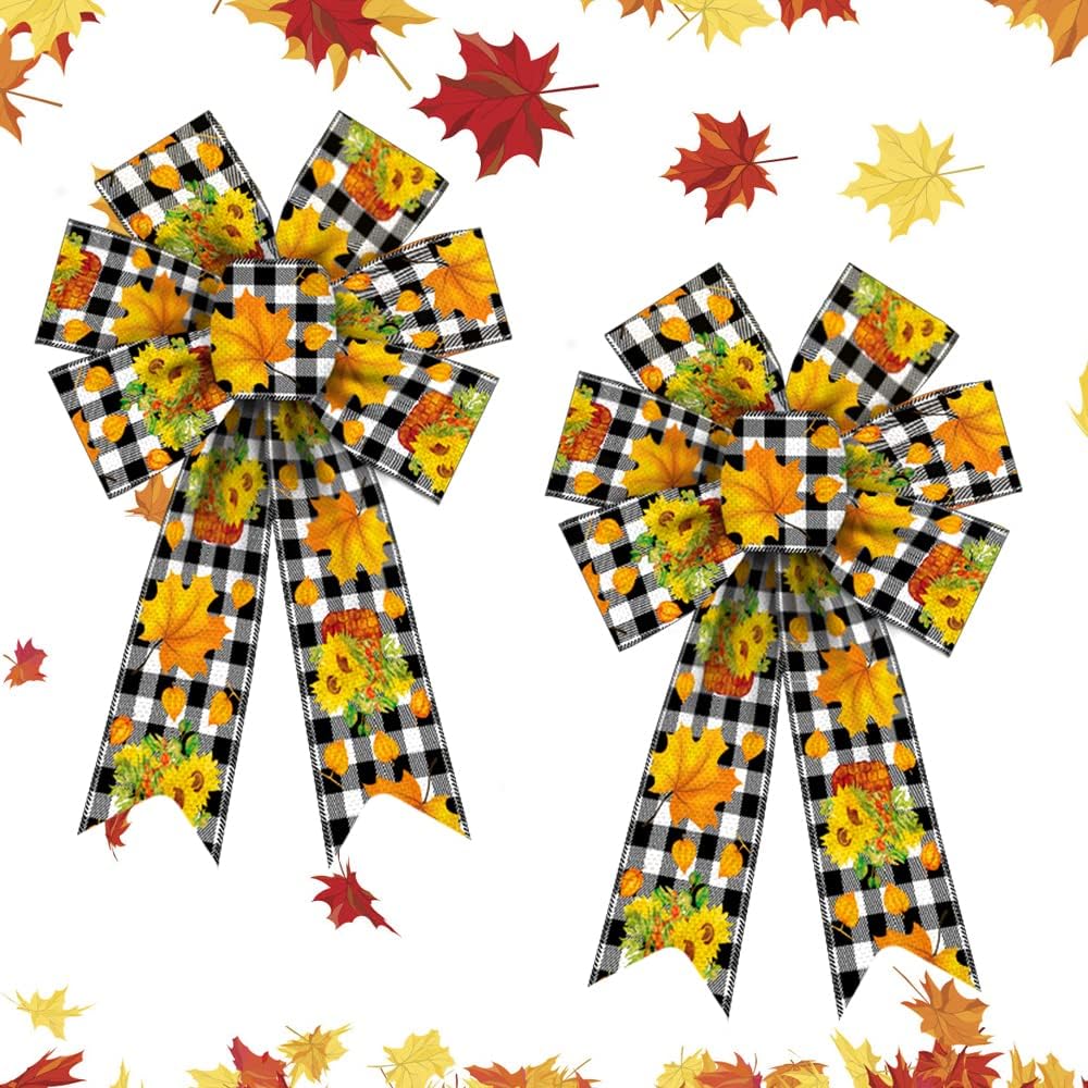 Bows & Ribbons - 2 Pieces Fall Bows for Wreath, Thanksgiving Flowers Wreath Bows Autumn Leaves Bows White Black Buffalo Plaid Bows Orange Burlap Bows for Front Door Fall Thanksgiving Day Decorations Suppies