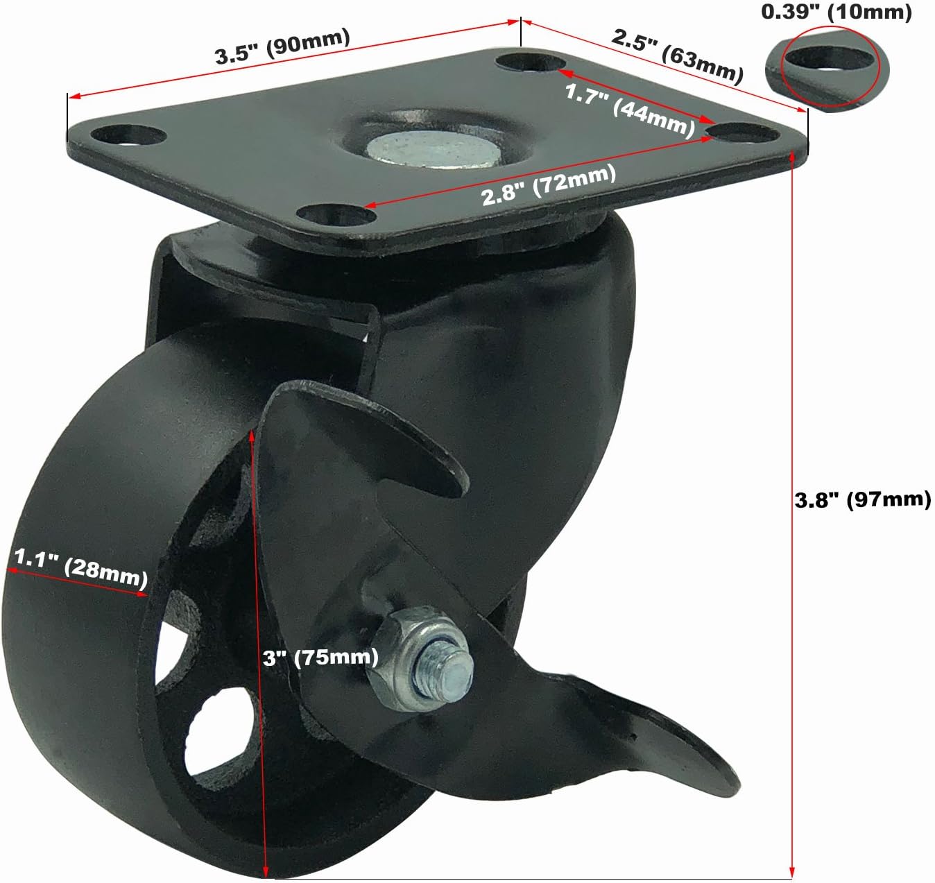 FactorDuty 4 All Black Metal Swivel Plate Caster Wheels w/Brake Lock Heavy Duty High-Gauge Steel (3" Combo): Industrial & Scientific