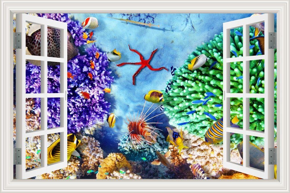 GreatHomeArt Removable Wall Stickers Nursery 3D Fishes Starfish Wall Decor Decals Baby Boy Creative Window View Ocean Theme Seaworld Wallpaper Peel & Stick- 32"x48"