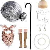yeabwps 10Pcs Old Lady Costume 100 Days of School Wig Glasses Necklace Earrings Kerchief Stockings Cane for Halloween